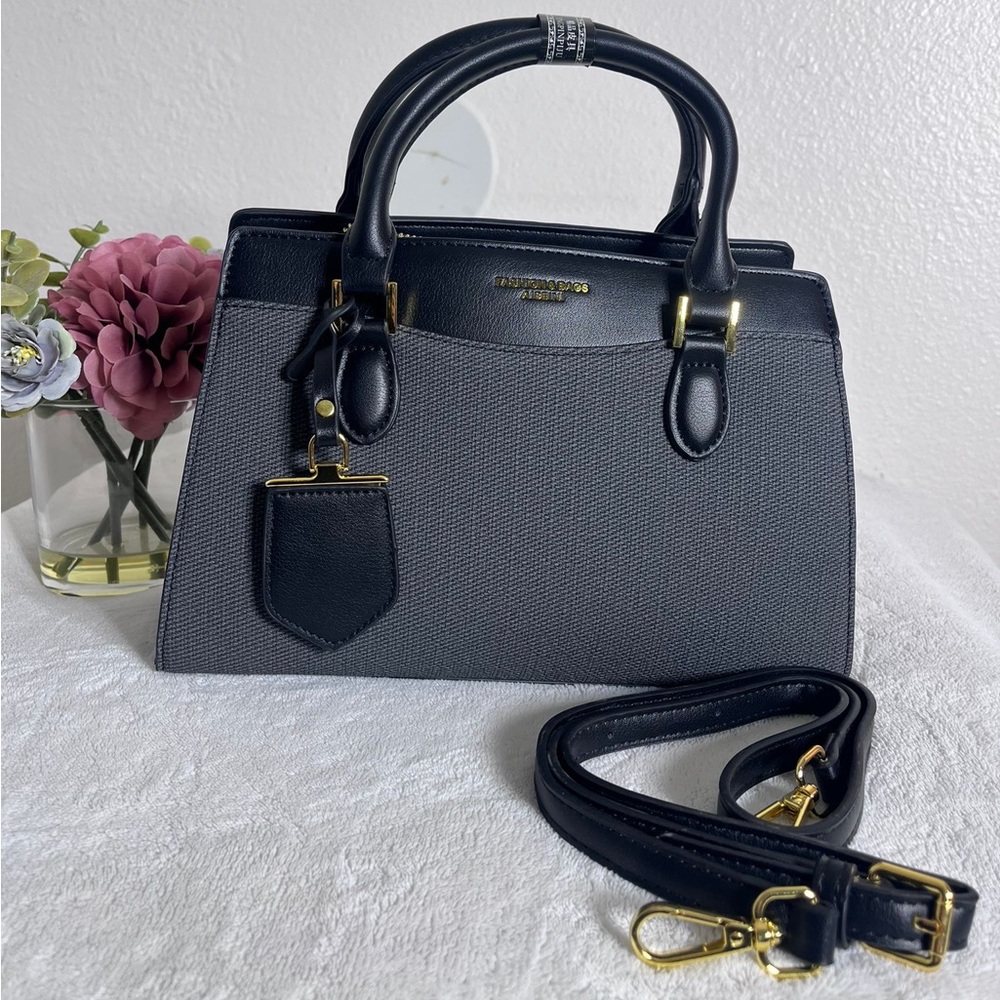 Elegant Structured Satchel Bag – Black Handbag with Gold Details